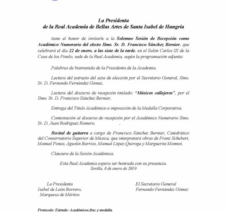 Recepción como Académico Numerario del electo Ilmo. Sr. D. Francisco Sánchez Bernier