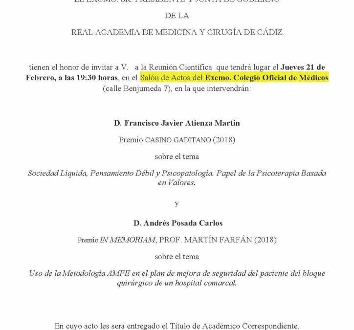 Reunión Científica en la que intervendrán D. Francisco Javier Atienza Martín y D. Andrés Posada Carlos