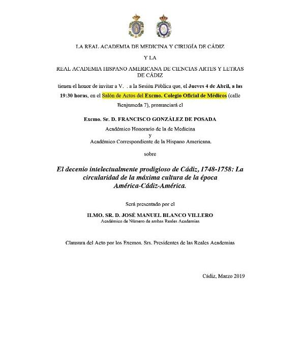 Conferencia: «El decenio intelectualmente prodigioso de Cádiz, 1748-1758: La circularidad de la máxima cultura de la época América-Cádiz-América».