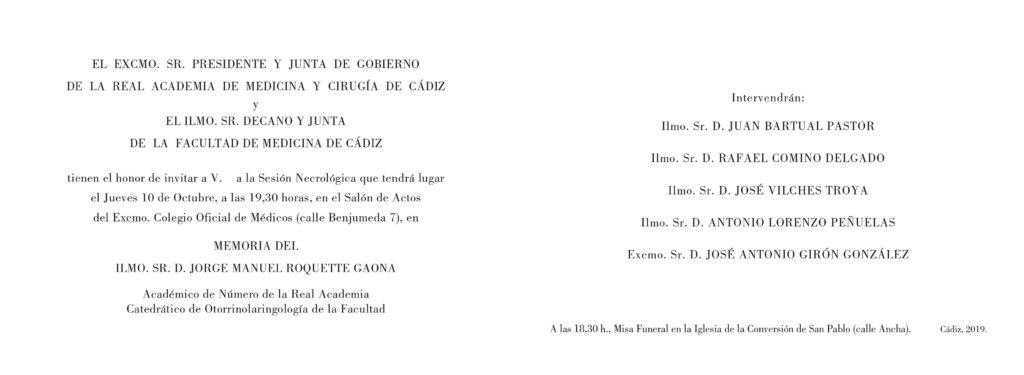 Sesión Necrológica en memoria del Ilmo. Sr. D. Jorge Roquette Gaona (1947-2019)