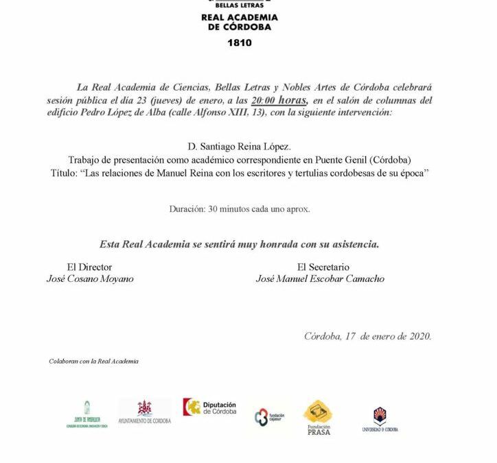 Trabajo de presentación: «Las relaciones de Manuel Reina con los escritores y tertulias cordobesas de su época».