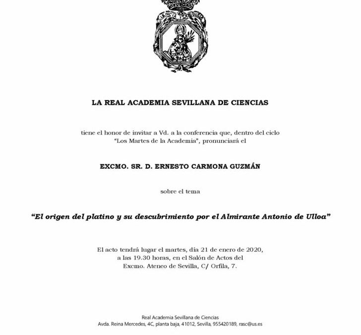 Conferencia: «El origen del platino y su descubrimiento por el Almirante Antonio de Ulloa».