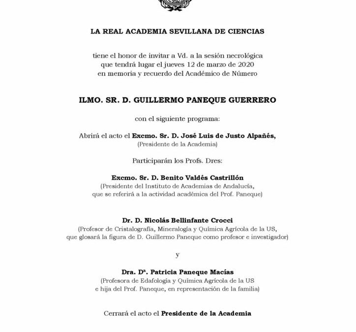 Sesión necrológica en memoria del Ilmo. Sr. D. Guillermo Paneque Guerrero