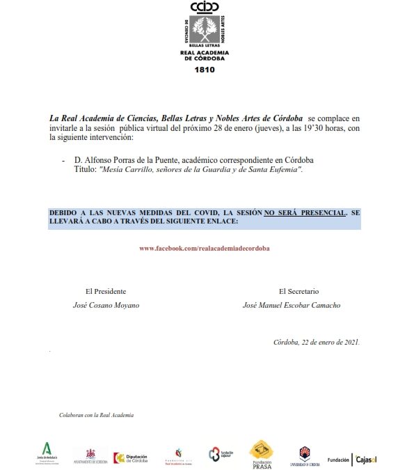 Conferencia: «Mesía Carrillo, señores de la Guardia y de Santa Eufemia»