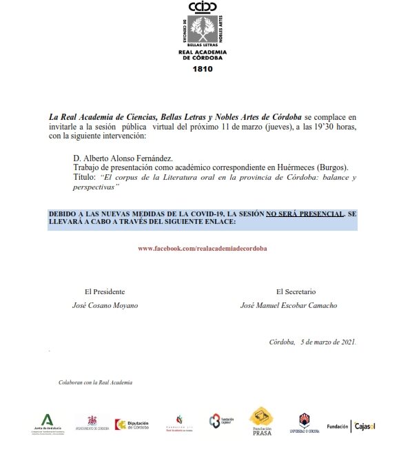 Conferencia: «El corpus de la Literatura oral en la provincia de Córdoba: balance y perspectivas»