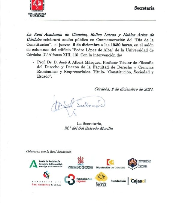 Conmemoración del «Día de la Constitución» con la intervención del Prof. Dr. D. José J. Albert Márquez con el título «Constitución, Sociedad y Estado»